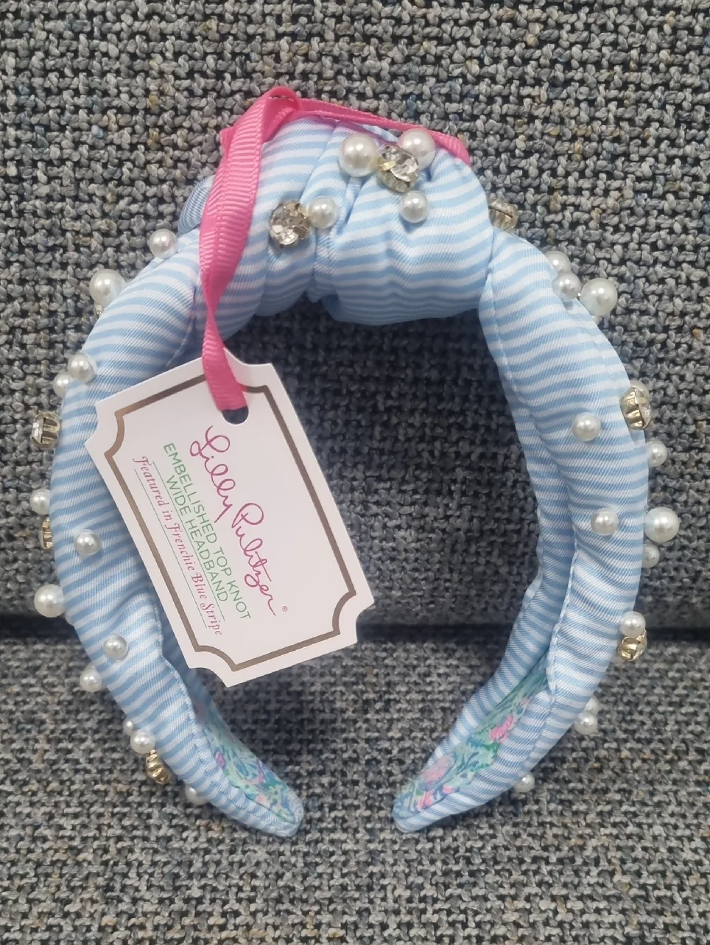 LILLY PULITZER Embellished Top Knot Wide Headband in Blue Stripe - Picture 3 of 10